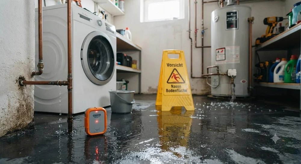 Wasserschaden im Hauswirtschaftsraum mit Warnschild